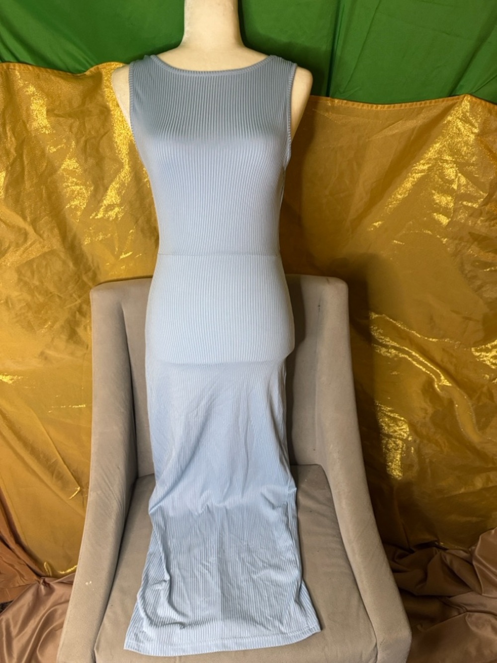 Sleeveless Open Back Ribbed Maxi Dress in Powder Blue